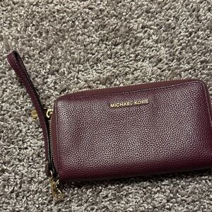 Michael Kors Burgundy Pebbled Leather Wristlet Wallet with Gold Hardware